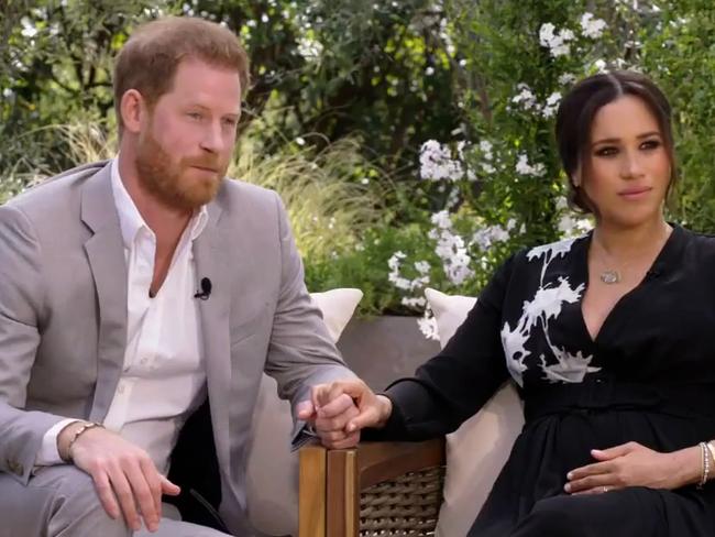 Meghan Markle and Prince Harry during Oprah special interview. Picture: CBS