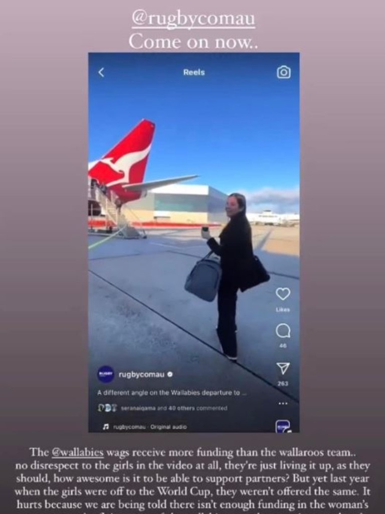 In a since-deleted clip shared by rugby.com.au, Wallabies star Carter Gordon’s partner was seen hopping on a Qantas flight. Picture: Instagram