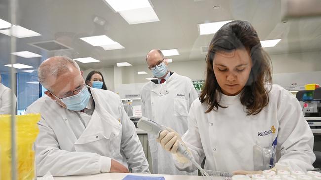 Prime Minister Scott Morrison takes a tour at the AstraZeneca laboratories in Macquarie Park in Sydney in August.