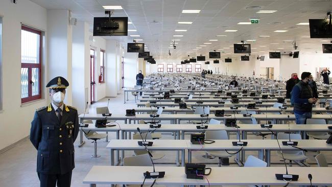 A special courtroom set up in Lamezia Terme, where more than 350 alleged members of Calabria's 'Ndrangheta mafia group and their associates have been on trial from January 2021. Picture: Gianluca Chininea