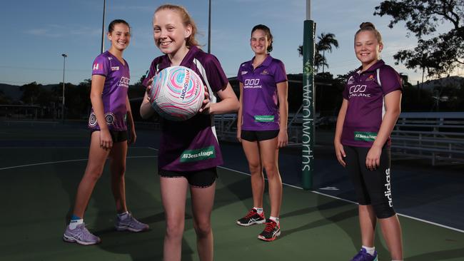 The 2020 Super Netball competition will be played entirely in Queensland, with interstate teams relocating for the duration of the season. Cairns junior netballers Bella Grace, 12, Sami-Lee Smith, 13, Emily Grace, 14, and Shelby Smith, 12, are huge Queensland Firebirds fans, and are eager to watch their idols play games in Cairns. PICTURE: BRENDAN RADKE