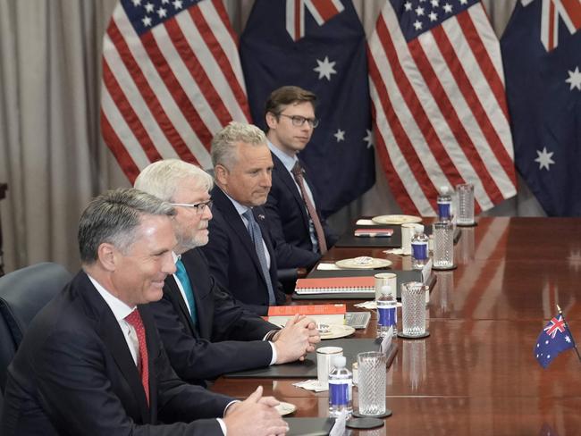 US Secretary of Defense Pete Hegseth (R) meets with Australian Deputy Prime Minister and Defense Minister Richard Marles (L) at the Pentagon in Washington, DC, on February 7, 2025. (Photo by Oliver CONTRERAS / AFP)