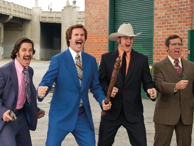 Paul Rudd, Will Ferrell, David Koechner and Steve Carell in Anchorman: The Legend of Ron Burgundy.