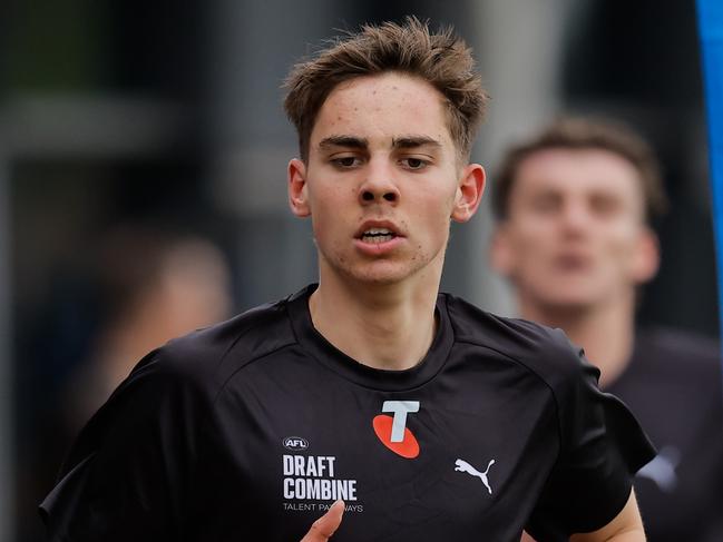 MELBOURNE, AUSTRALIA - OCTOBER 04: Jack Ough (Victoria Country - GWV Rebels) in action during the 2km time trial during the Telstra AFL National Draft Combine Day 1 at the AIA Centre on October 04, 2024 in Melbourne, Australia. (Photo by Dylan Burns/AFL Photos via Getty Images)