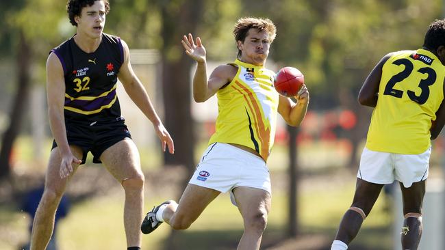 Riley Stone of the Thunder clears by foot during the round three NAB League Boys match between the Murray Bushrangers and the Northern Territory at Highgate Reserve on April 16, 2022 in Melbourne, Australia. (Photo by Martin Keep/AFL Photos via Getty Images)