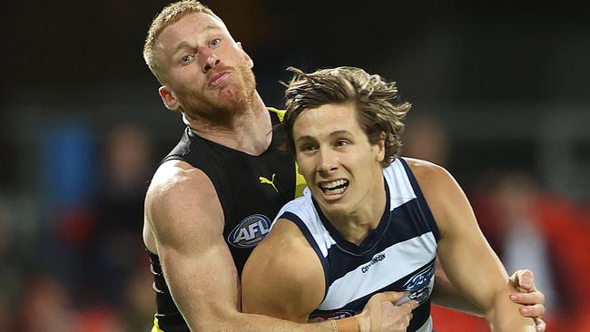 Nick Vlastuin helped the Tigers choke out the Cats, Lachie Fogarty guilty of mistakes that didn’t help Geelong. Picture: Getty Images