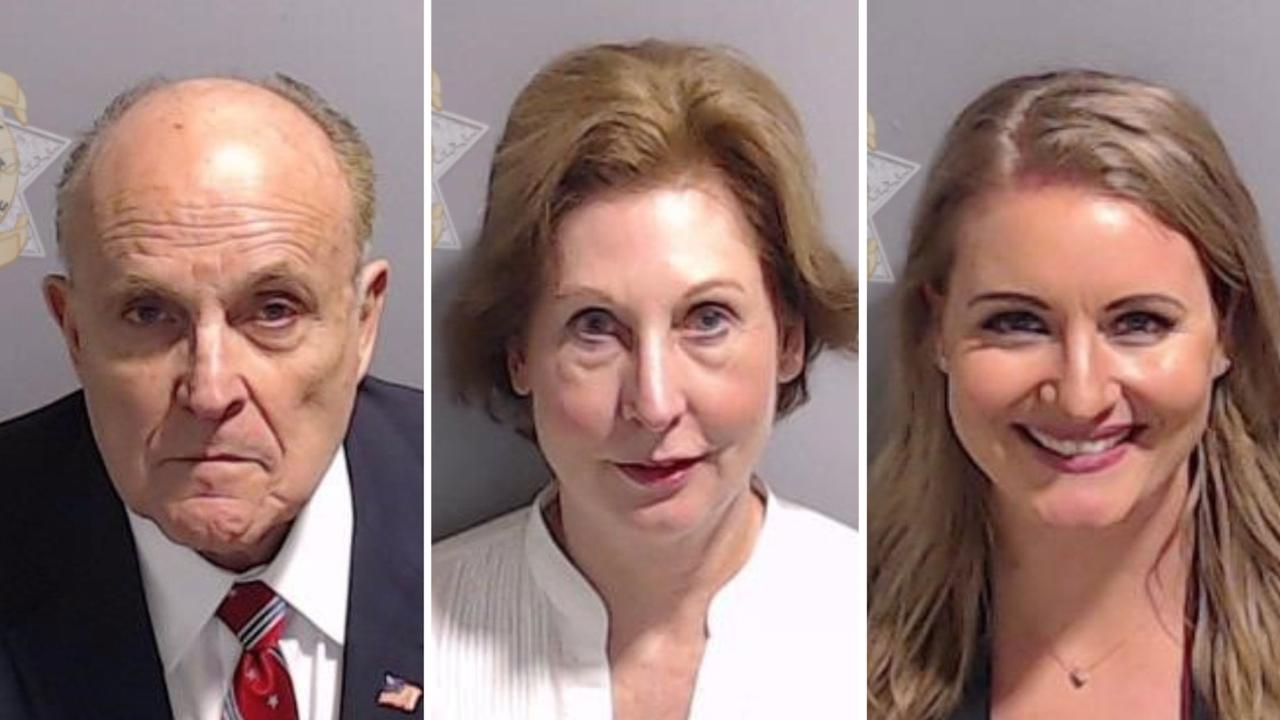 Mugshots of Trump’s co-defendants, former New York Mayor Rudy Giuliani and ex-lawyers Sidney ‘release the Kraken’ Powell and Jenna Ellis. Picture: Supplied