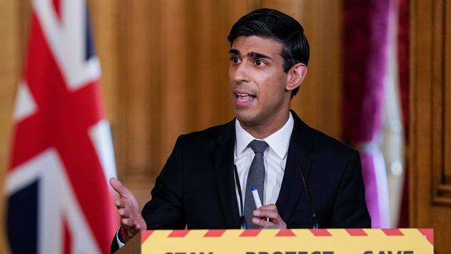 Chancellor of the Exchequer Rishi Sunak speaks during a remote press conference. Picture: AFP.