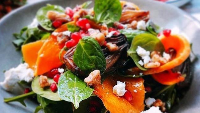 Salads include roast pumpkin and goats cheese with pomegranate, eschallots, walnuts, greens and a honey vinaigrette. Picture: Justin Ristevski/@chefjustin.ristevski