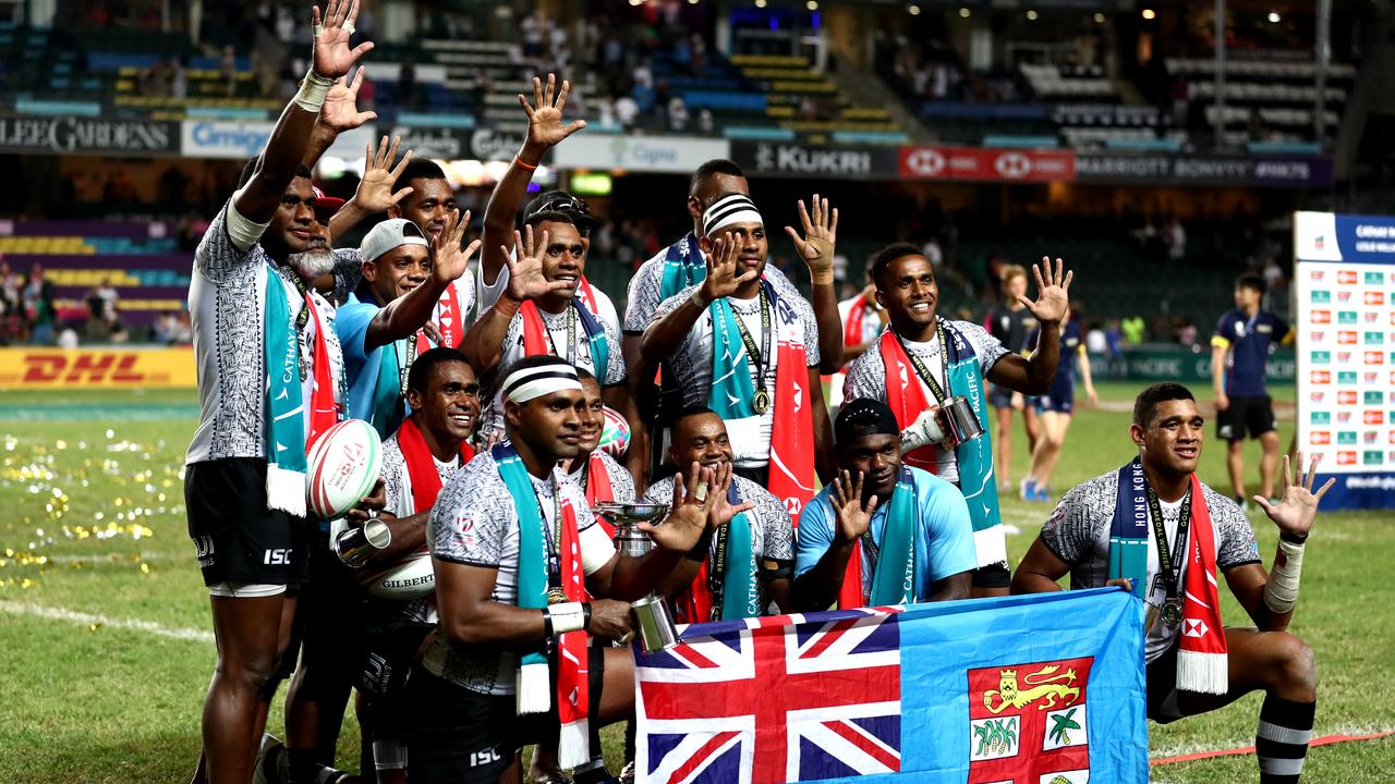 Fiji celebrate after winning the final against France.