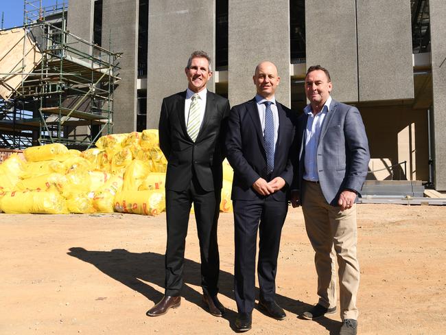 NRL Chief Executive Todd Greenberg, centre, with Canberra Raiders Chief Executive, Don Furner and Raiders Coach Ricky Stuart. Picture: Tracey Nearmy/Getty Images