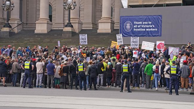 The Melbourne anti-vax and corona-conspiracy protesters were not bothered by social distancing rules. Picture: AAP Image/Scott Barbour