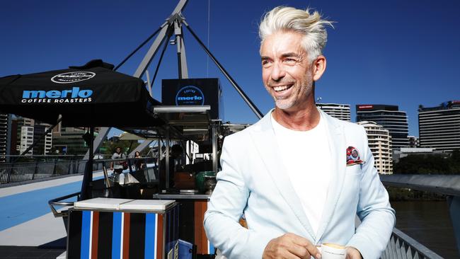 Business owner Brendan Harris at his cafe on the Goodwill Bridge in Brisbane. Picture: Lachie Millard