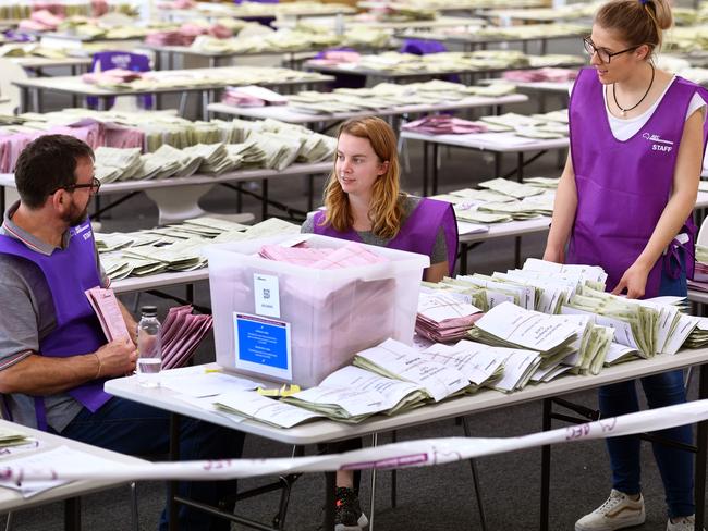 Workers sort through absentee ballot papers in Sydney on July 5. Picture: William West.