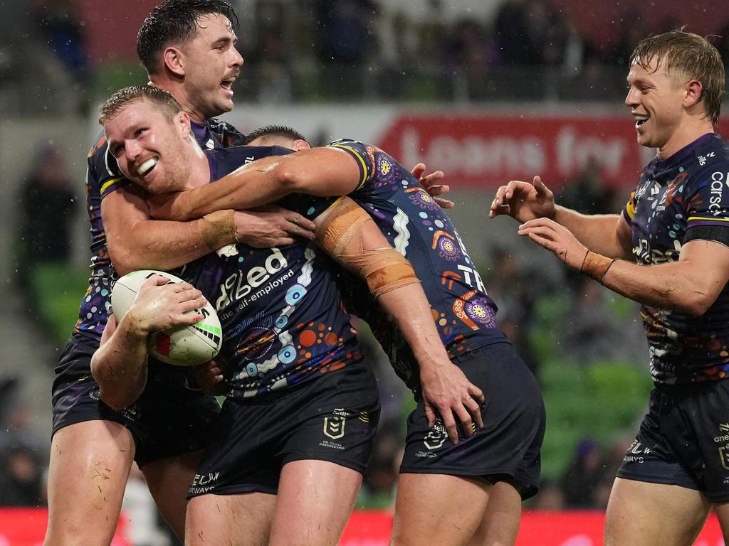 Josh King of the Storm celebrates scoring a try. Picture: Daniel Pockett/Getty Images