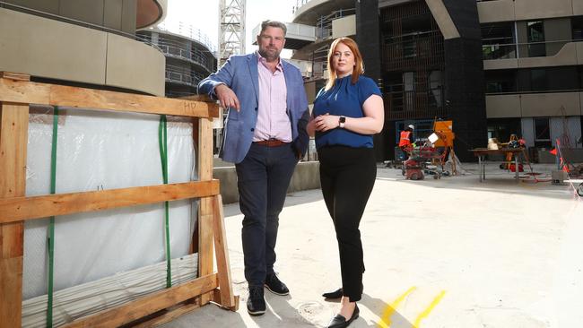 PDS Group managing director Andrew Fortey on site in Melbourne’s east, with Urban Development Institute of Australia chief Danni Hunter. Picture: Aaron Francis