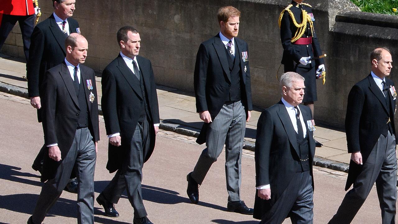 Prince William, Peter Phillips, Prince Harry, Prince Andrew and Prince Edward at Philip’s funeral. Picture: Leon Neal/WPA Pool/Getty Images