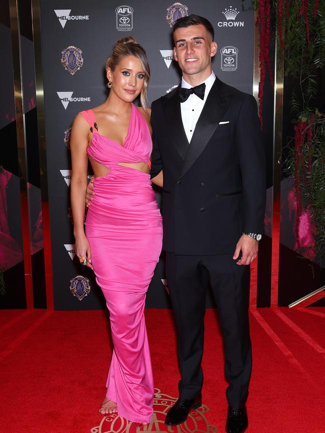 Nick Daicos and Arlette Jones arrive at the Brownlow. Picture: Graham Denholm