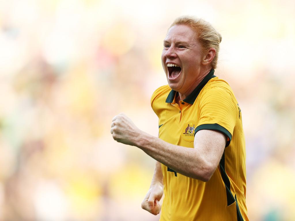 Clare Polkinghorne celebrates a Matildas win. Picture: Matt King/Getty Images