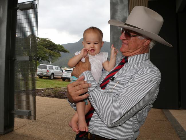 Leader of the KAP party Bob Katter pictured here outside the Edmonton PCYC in North Queensland holding 3 month old Katie Bond during voting for the 2016 federal election. Picture: Jack Tran