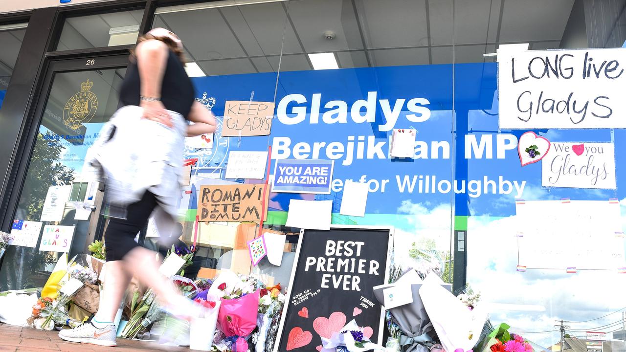 Since her resignation, Sydney residents have left messages, cards and flowers outside her electoral office in Northbridge. Picture: NCA NewsWire / Flavio Brancaleones.