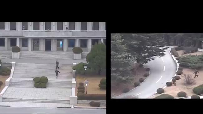 North Korean soldiers seen running after the defecting soldier.