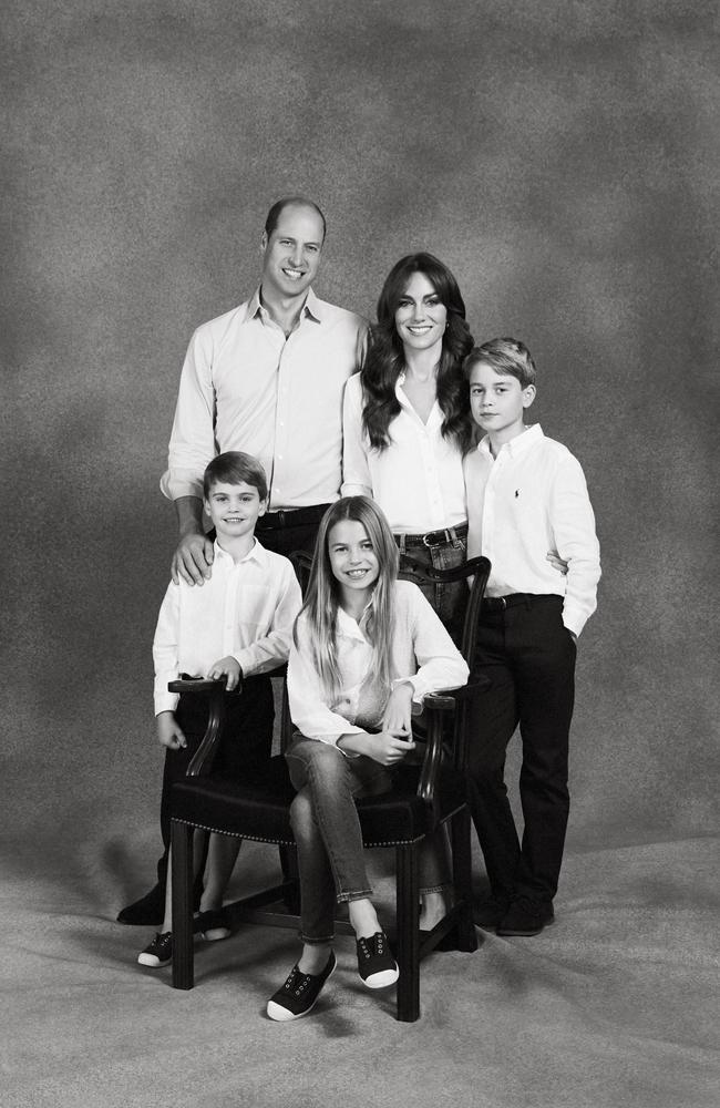 Prince William, Prince of Wales and Catherine, Princess of Wales pose with their three children Prince George, Princess Charlotte and Prince Louis for their 2023 Christmas card photo. Picture: Josh Shinner/Kensington Palace via Getty Images