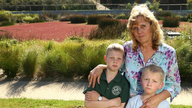 Dianna Boyd with grandchildren Kaeden and Mason in front of the pink lake in Wantirna. Picture: Hamish Blair