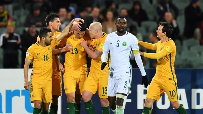 Australia celebrate the winning goal.