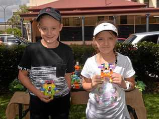 HOLIDAY FUN: Kyan Wetherall (10) and Madison Wetherall (9) created some Lego creatures at the Monster Lego Build. Picture: Geordi Offord