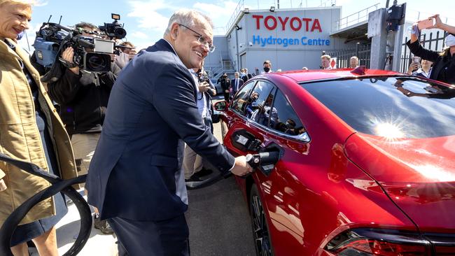 Scott Morrison visits the Toyota Hydrogen Centre in Altona, Melbourne, on Tuesday. Picture: David Geraghty