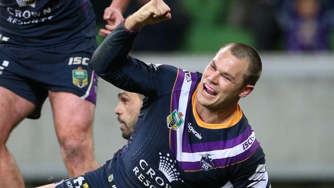 Cheyse Blair celebrates while playing for the Melbourne Storm. Picture: Hamish Blair