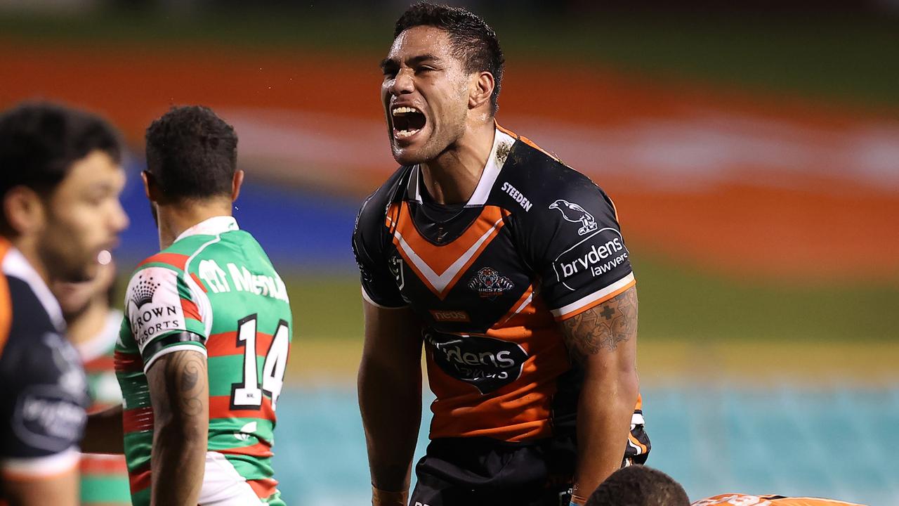 SYDNEY, AUSTRALIA - JULY 04: Joe Ofahengaue of the Tigers shows his emotions during the round 16 NRL match between the Wests Tigers and the South Sydney Rabbitohs at Leichhardt Oval on July 04, 2021, in Sydney, Australia. (Photo by Mark Kolbe/Getty Images)