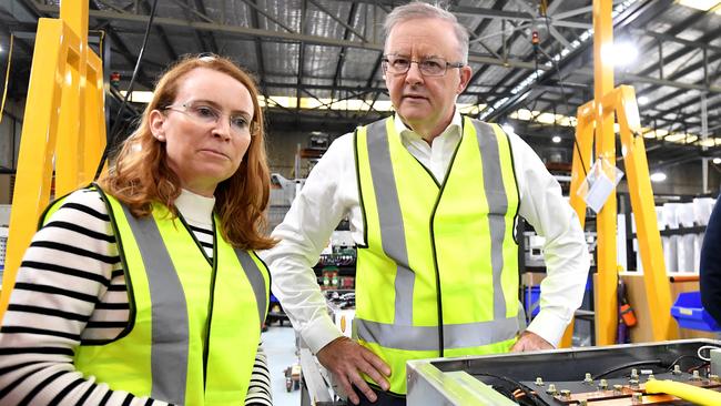 PM Anthony Albanese at the Tritium factory in Brisbane with CEO Jane Hunter. Picture: NCA NewsWire / Dan Peled