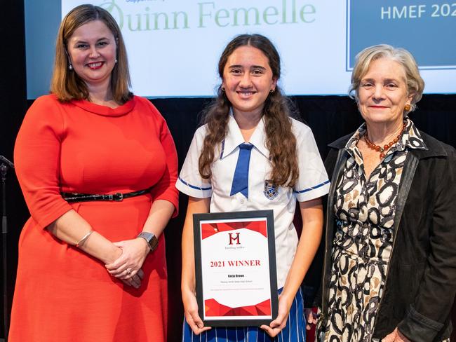 Mackay North State High School student Karja Brown (centre) with Harding Miller Education Foundation executive director Cara Varian (left) and Gina Fairfax from the Ningana Trust who support some of the Harding Miller Education Scholarships in Queensland.