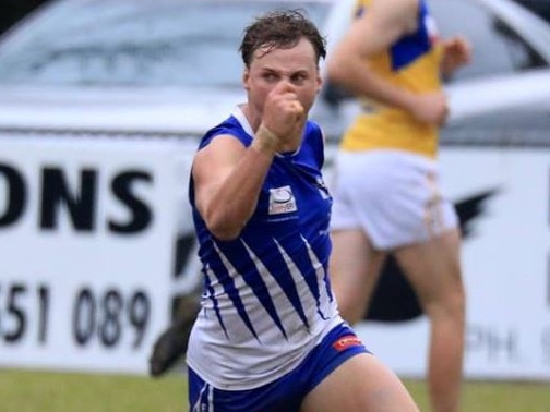 Jayden Battaglene celebrates one of his two goals for East Ringwood. Picture: Field of View Sports Photography