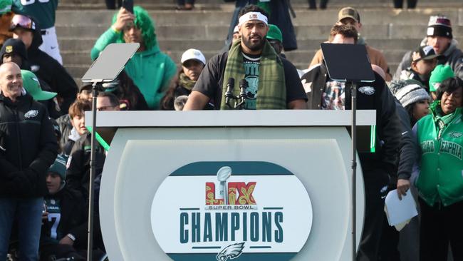 Jordan Mailata spread the love on Valentine’s Day, using his speech to thank the wives and girlfriends who supported the Super Bowl champions. Picture: Emilee Chinn / Getty