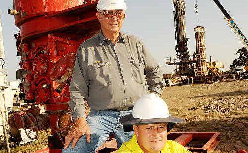 Metgasco workers Sexton Porter (left) and Hamish Ramsay at one of the gas exploration company’s drilling sites near Casino. Picture:  Jacklyn Wagner