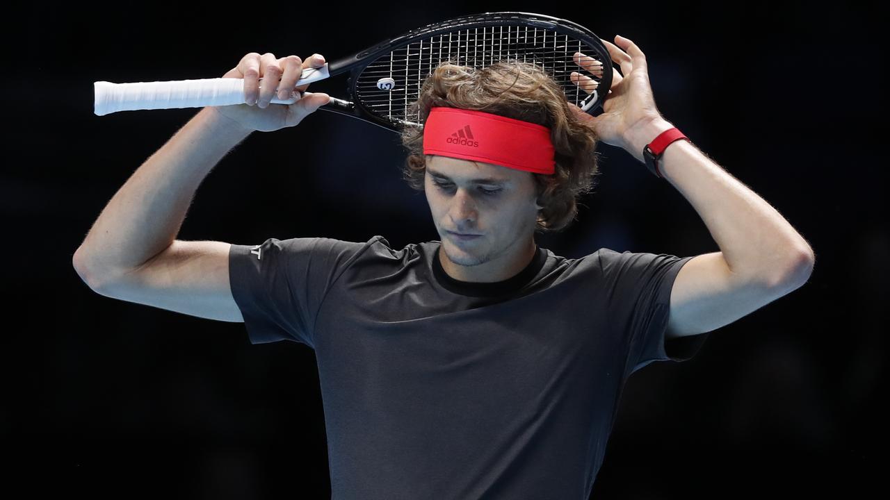 Alexander Zverev was clearly tired late in his ATP Finals loss to Novak Djokovic. (AP Photo/Alastair Grant)