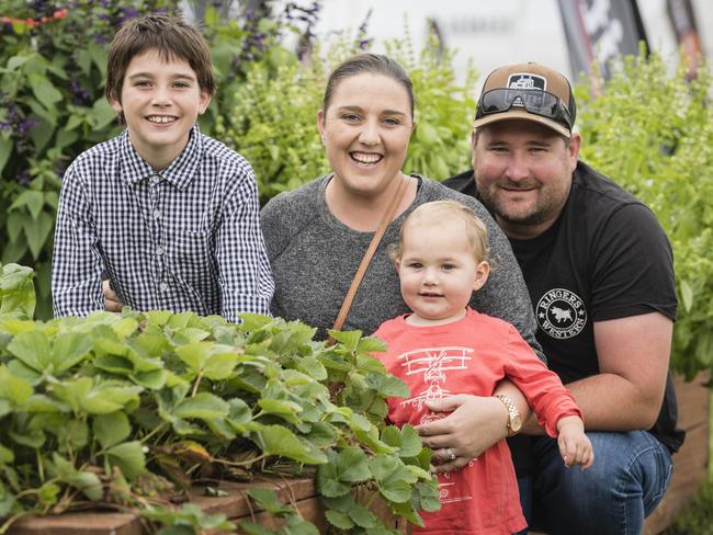 Courtney and Thomas Boom with sons Rylee (left) and Toby-Joe Boom in the Pohlmans Vegie Patch area at the Toowoomba Royal Show, Saturday, April 1, 2023. Picture: Kevin Farmer