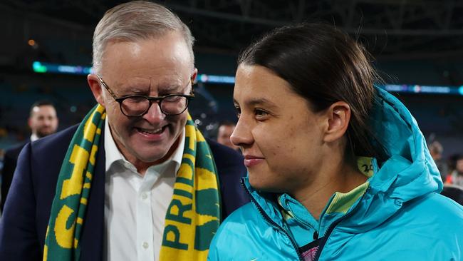 SYDNEY, AUSTRALIA - JULY 20: Sam Kerr of Australia and Anthony Albanese, Prime Minister of Australia, talk after the FIFA Women's World Cup Australia & New Zealand 2023 Group B match between Australia and Ireland at Stadium Australia on July 20, 2023 in Sydney / Gadigal , Australia. (Photo by Mark Metcalfe - FIFA/FIFA via Getty Images)