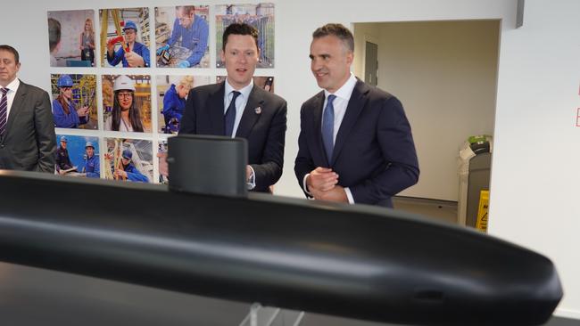 Premier Peter Malinauskas and the-then UK Defence Procurement Minister Alex Chalk in 2023 at the Barrow-in-Furness nuclear submarine shipyard operated by BAE Systems. Picture: supplied