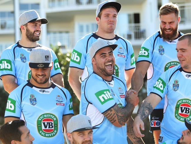 NSW's Andrew Fifita with NSW's Jack De Belin during the NSW Blues State of Origin team photo ahead of Game 3, at Mantra on Salt Beach Kingscliff. Picture: Brett Costello