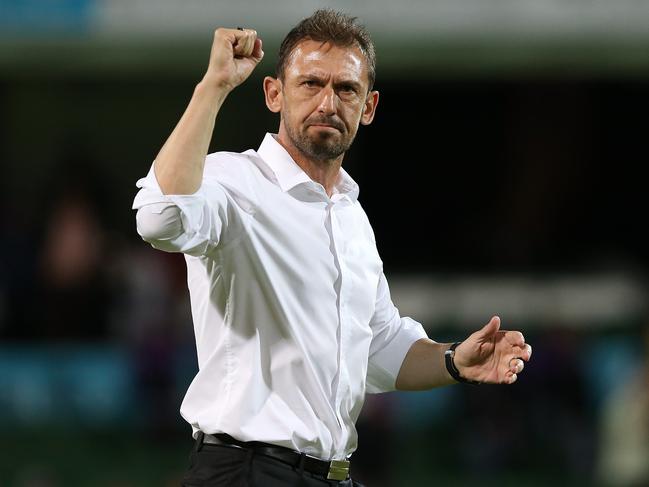 PERTH, AUSTRALIA - FEBRUARY 02: Tony Popovic, head coach of the Glory celebrates after winning the round 17 A-League match between the Perth Glory and the Wellington Phoenix at HBF Park on February 02, 2019 in Perth, Australia. (Photo by Paul Kane/Getty Images)