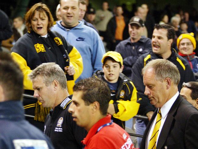 Danny Frawley and Greg Miller get some crowd feedback at halftime.