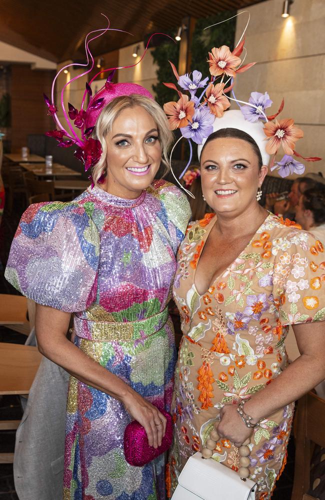 Liz Woodham (left) with fashions on the field best dressed winner Bec Cahill at Fitzy's Melbourne Cup Party, Tuesday, November 5, 2024. Picture: Kevin Farmer