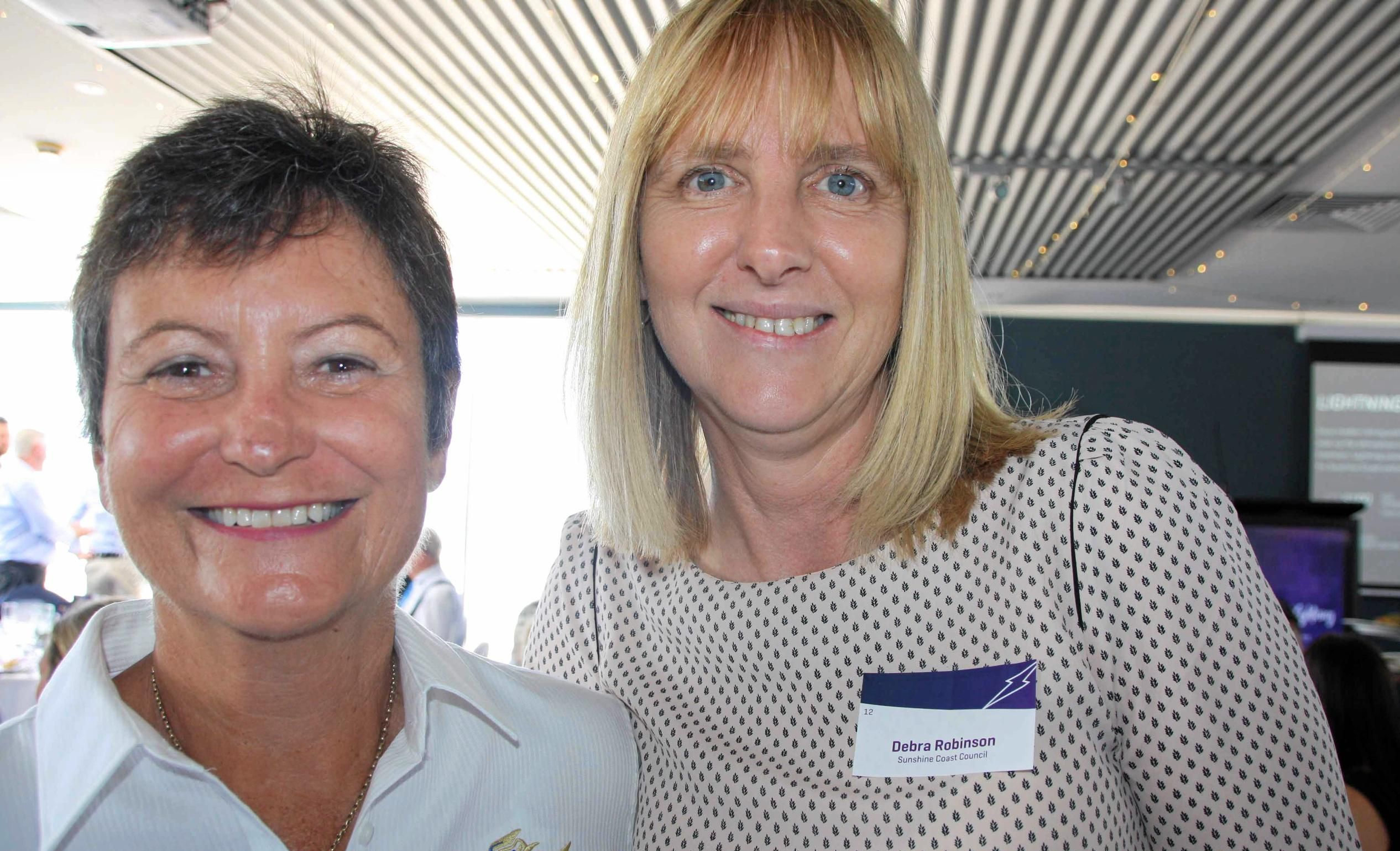 Merran Dobson and Debra Robinson at the Sunshine Coast Lightning lunch at Maroochy Surf Club hosted by Maroochydore Chamber of Commerce. Picture: Erle Levey