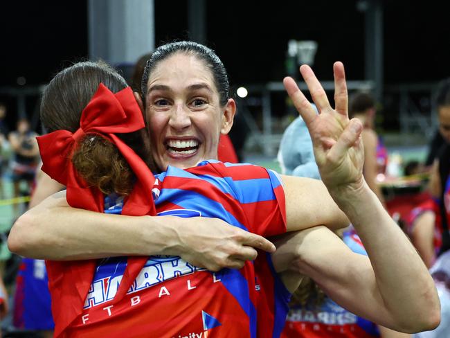 WGC Sharks veteran Amanda Barton celebrates winning her third straight Cairns Netball premiership in the Cairns Netball Division 1 grand final match between the WGC Sharks and the Cairns Leprechauns. Picture: Brendan Radke