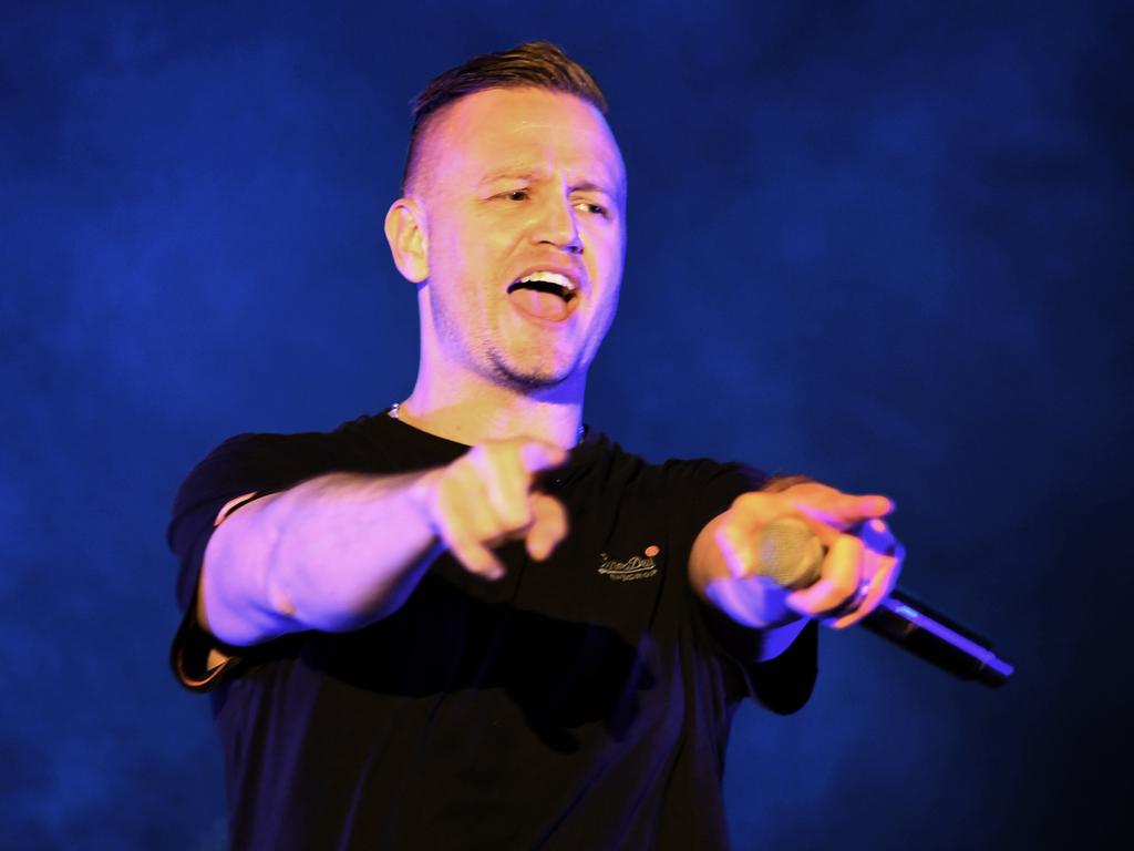 MC Pressure in action as Hilltop Hoods play Brisbane Riverstage on Friday, August 23, 2019. They play again Saturday. Picture: John Gass/AAP