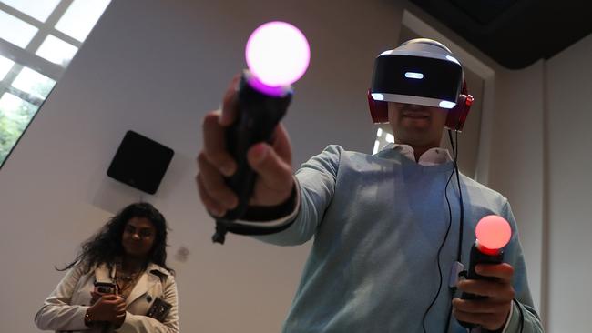 The PlayStation VR headset can be used with Sony’s movement-sensitive controllers. Picture: Justin Sullivan/Getty Images/AFP